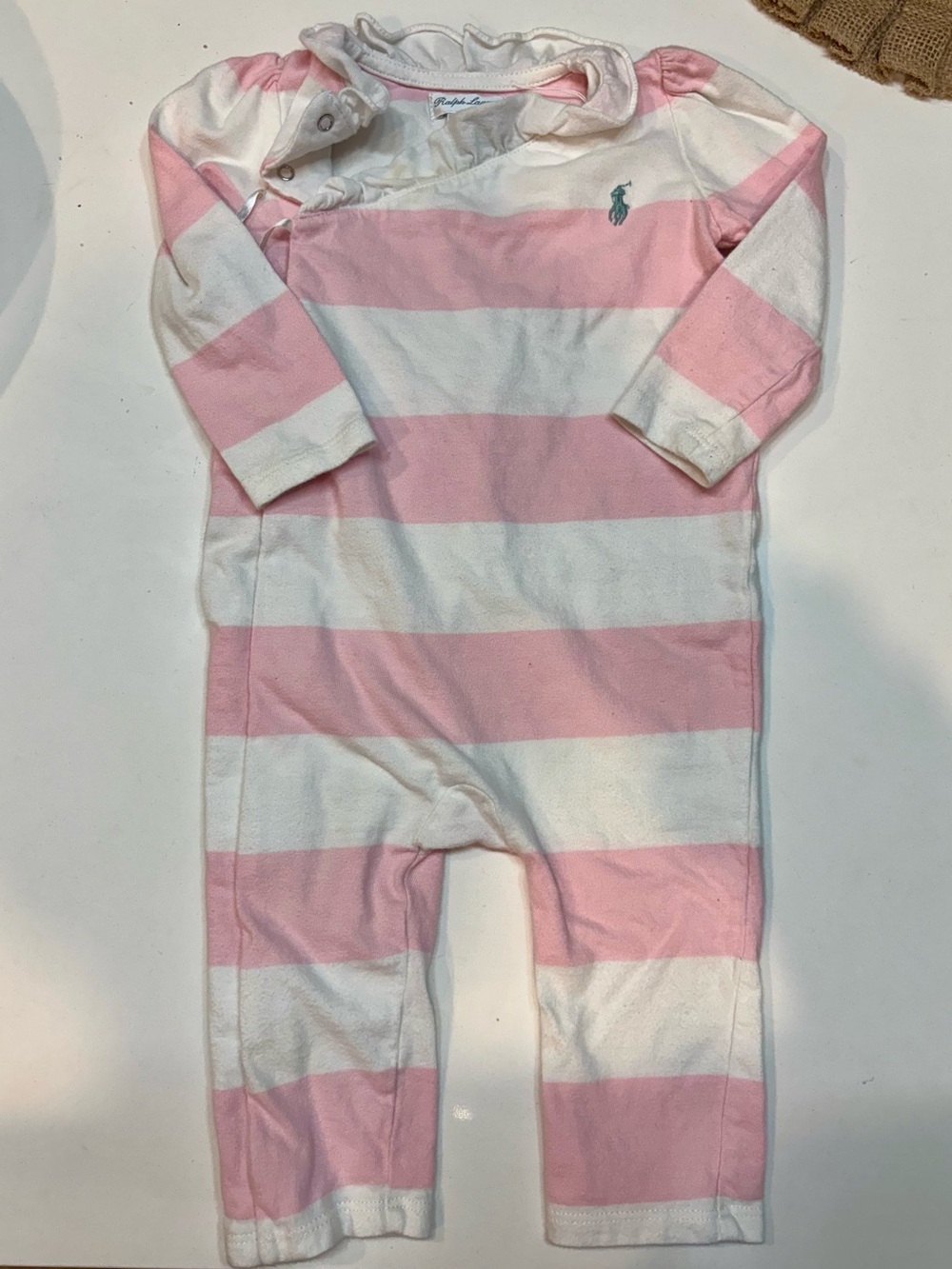 Ralph Lauren Baby Girl Pink Striped Ruffle Collar Romper 9M Pony Logo